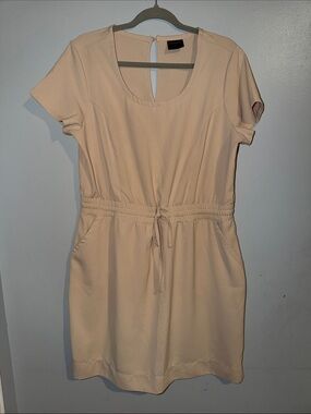 Beige Dress with Stretchy Drawstring Waist & Pockets